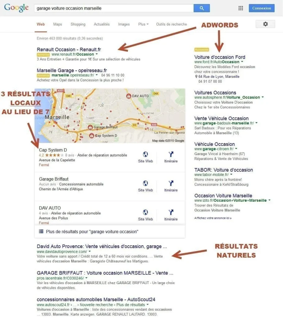 resultats google maps local pack marseille garage voiture referencement local