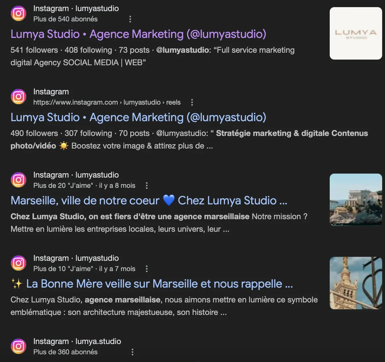 resultats google instagram marseille seo local profil entreprise lumya studio